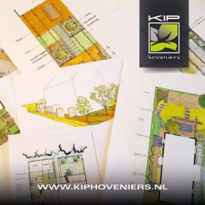 Handgetekend tuinontwerp met beplantingsplan